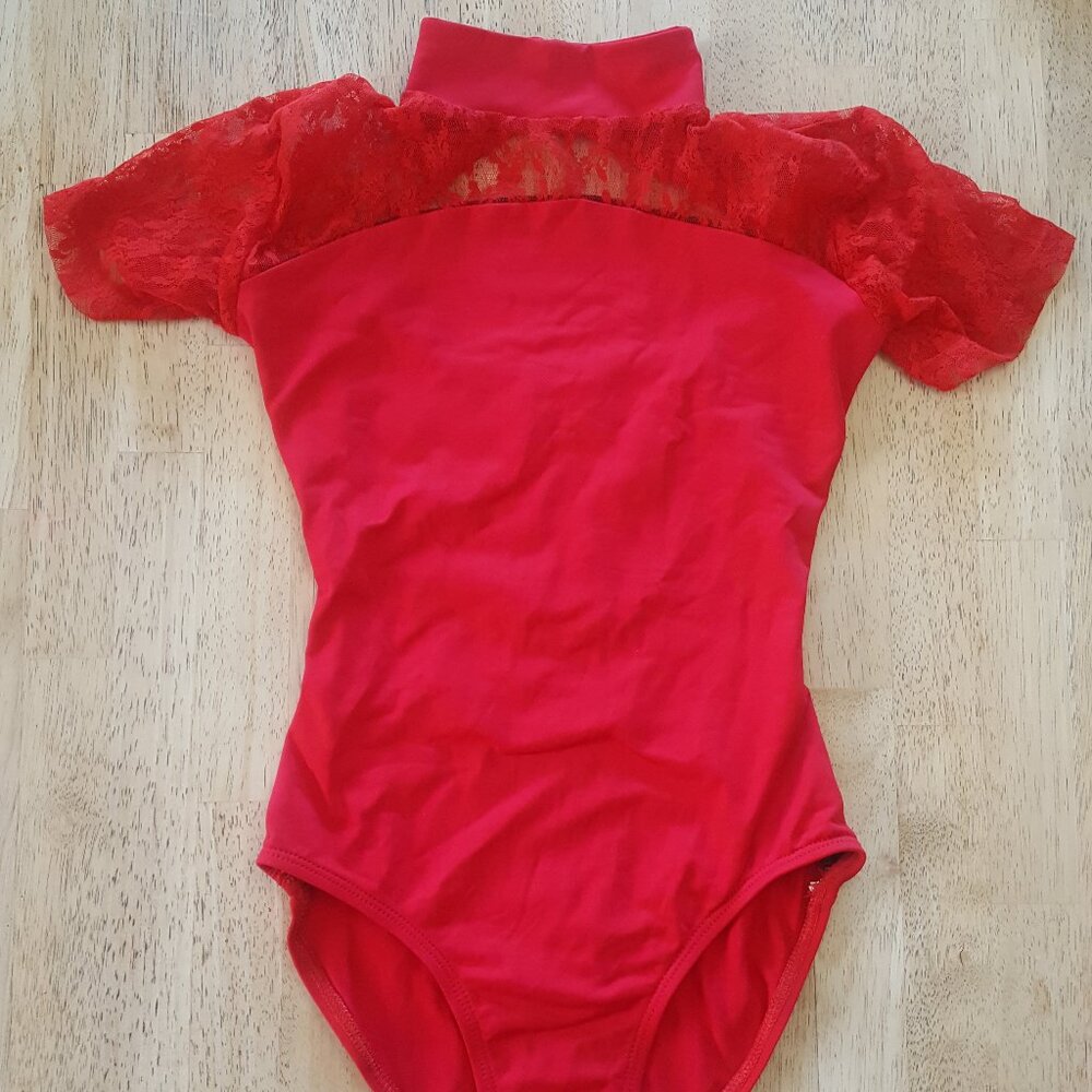 Baltogs short sleeve leotard, red lace, mock neck, open back NWOT